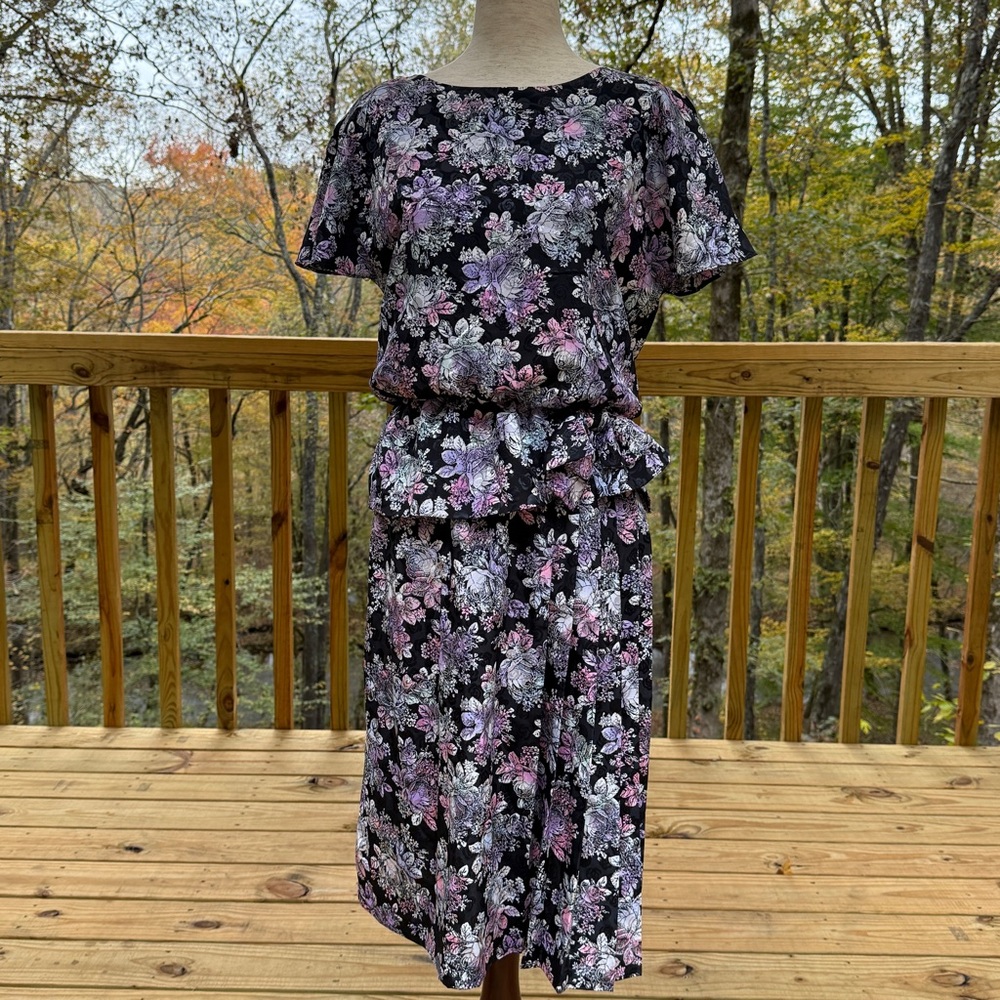 Vintage 80s J.S.J. Floral Peplum Midi Garden Party Dress Medium